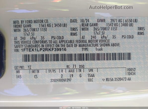 1FTEX1LP2RKF39916 2024 FORD F150 White Widok komory silnika