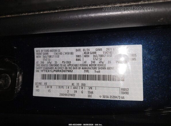 1FTEX1LP6RKD07982 2024 FORD F150 Blue Vista del compartimento del motor