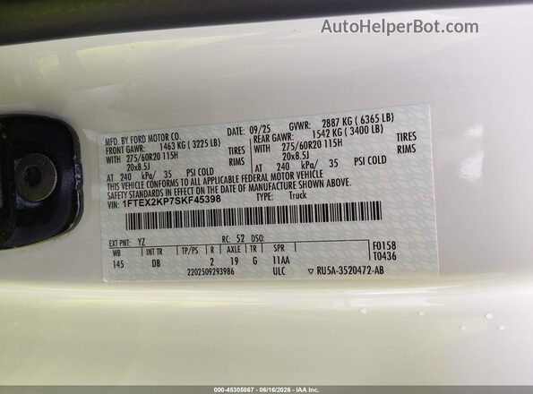1FTEX2KP7SKF45398 2025 FORD F150 White 