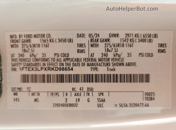 1FTEX3LPXRKD98654 2024 FORD F150 White Շարժիչի բաժամունքի տեսք