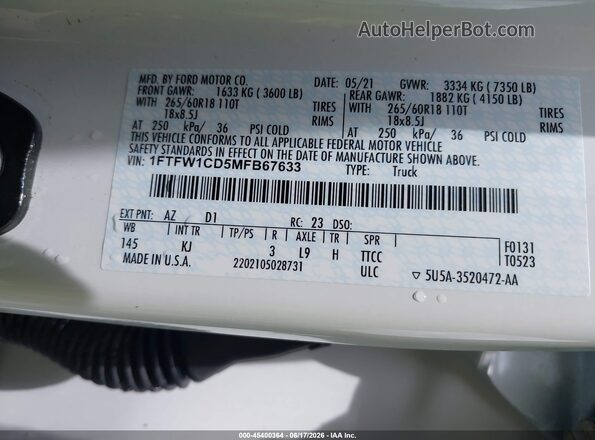 1FTFW1CD5MFB67633 2021 FORD F150 White Engine compartment view