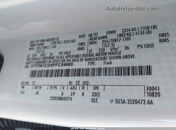 1FTFW1CD5PFC54680 2023 FORD F150 White Շարժիչի բաժամունքի տեսք