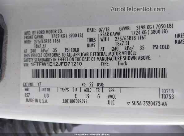 1FTFW1E12JFD71210 2018 FORD F150 White Engine compartment view