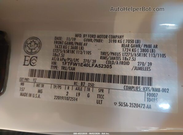 1FTFW1E40LFA52305 2020 FORD F150 Белый Вид подкапотного пространства