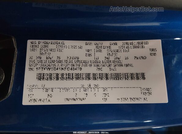 1FTFW1E41KFC46470 2019 FORD F150 Blue ძრავის განყოფილების ხედი