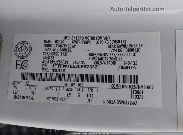 1FTFW1E52LFB23321 2020 FORD F150 White Շարժիչի բաժամունքի տեսք