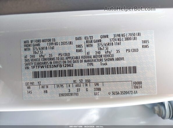 1FTFW1E53NFB12962 2022 FORD F150 White Vista del compartimento del motor