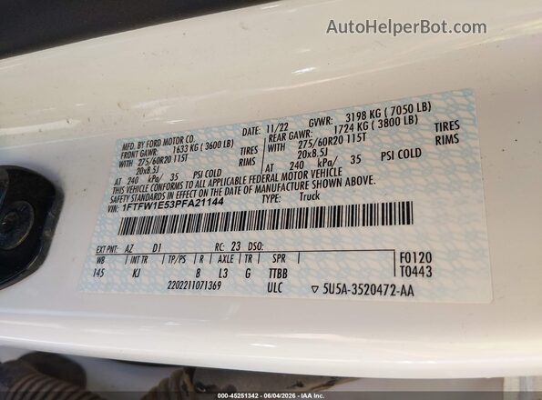 1FTFW1E53PFA21144 2023 FORD F150 White Շարժիչի բաժամունքի տեսք