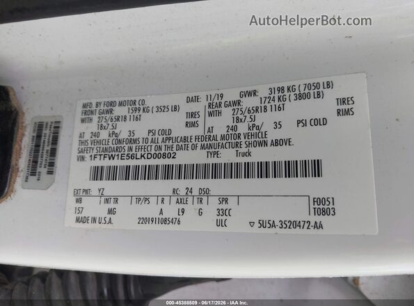 1FTFW1E56LKD00802 2020 FORD F150 White 