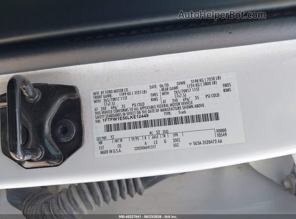 1FTFW1E56LKE12449 2020 FORD F150 White ძრავის განყოფილების ხედი