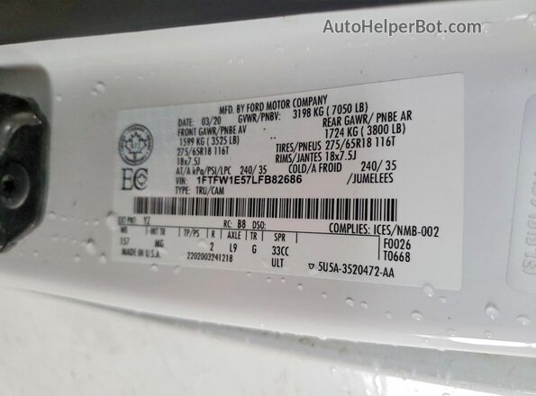 1FTFW1E57LFB82686 2020 FORD F150 White Engine compartment view