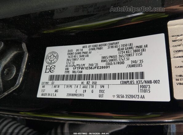1FTFW1E58JFE28691 2018 FORD F150 Black Вид підкапотного простору