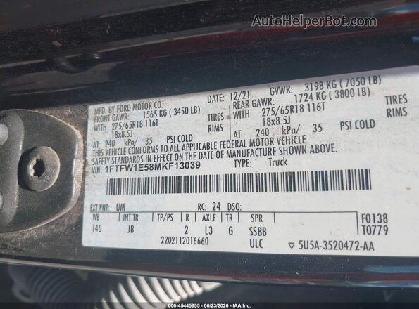 1FTFW1E58MKF13039 2021 FORD F150 Black Vista del compartimento del motor
