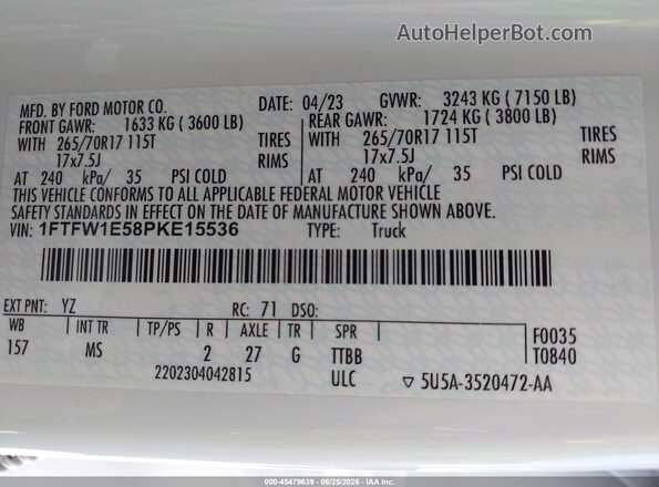 1FTFW1E58PKE15536 2023 FORD F150 White Widok komory silnika