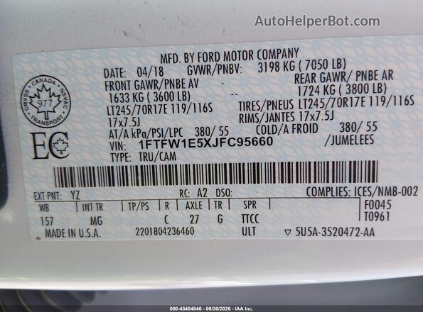 1FTFW1E5XJFC95660 2018 FORD F150 Белый Вид подкапотного пространства