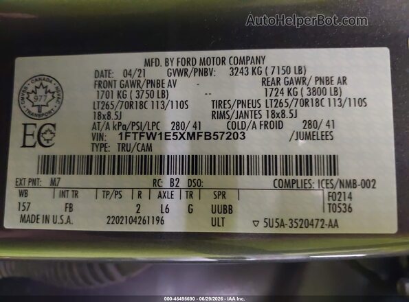 1FTFW1E5XMFB57203 2021 FORD F150 Gray Widok komory silnika