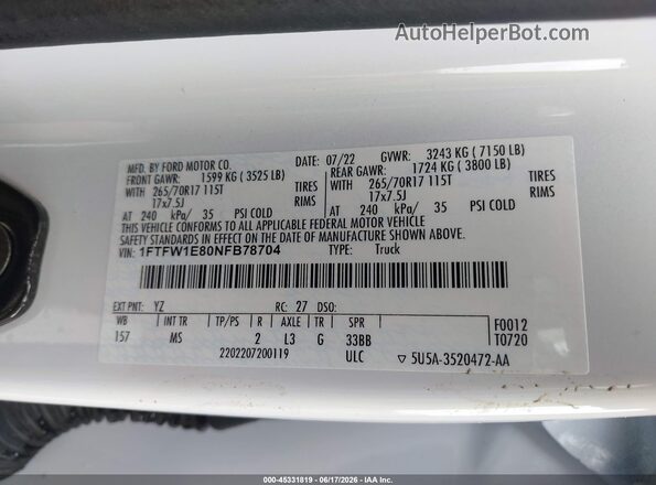 1FTFW1E80NFB78704 2022 FORD F150 White Շարժիչի բաժամունքի տեսք