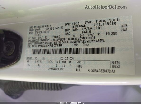 1FTFW1E81NFB07740 2022 FORD F150 White Widok komory silnika