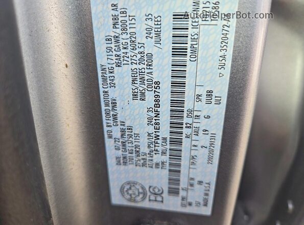 1FTFW1E81NFB89758 2022 FORD F150 Gray Вид підкапотного простору