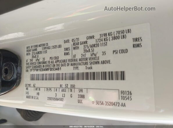 1FTFW1E84MFB53481 2021 FORD F150 White Widok komory silnika