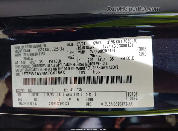 1FTFW1E84MFC01853 2021 FORD F150 Black Widok komory silnika