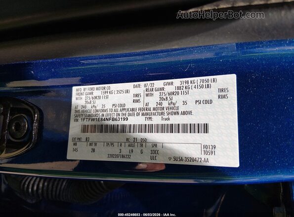 1FTFW1E84NFB63199 2022 FORD F150 Blue Engine compartment view