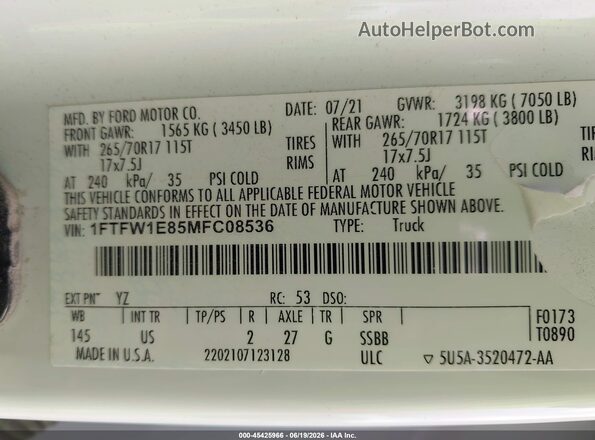1FTFW1E85MFC08536 2021 FORD F150 White ძრავის განყოფილების ხედი