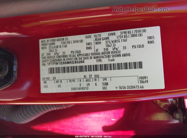 1FTFW1E88MKE80280 2021 FORD F150 Red ძრავის განყოფილების ხედი