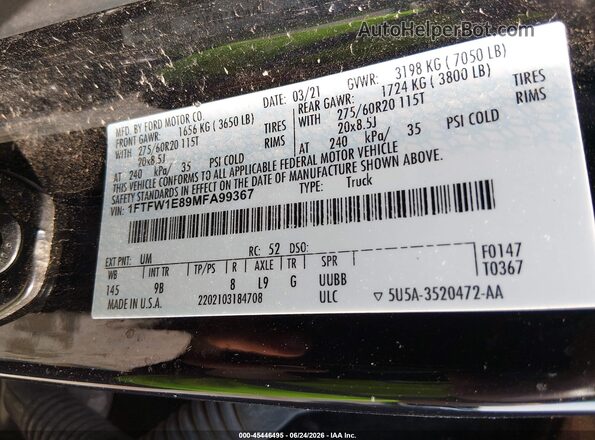 1FTFW1E89MFA99367 2021 FORD F150 Black Engine compartment view
