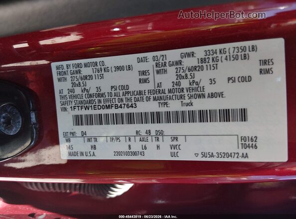 1FTFW1ED0MFB47643 2021 FORD F150 Красный Вид подкапотного пространства