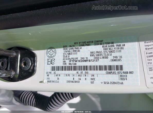 1FTFW1ED0MFB72137 2021 FORD F150 White Вид підкапотного простору