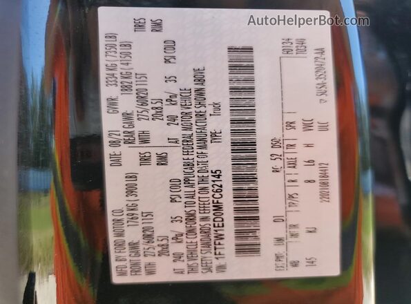 1FTFW1ED0MFC62145 2021 FORD F150 Black VIN sticker view