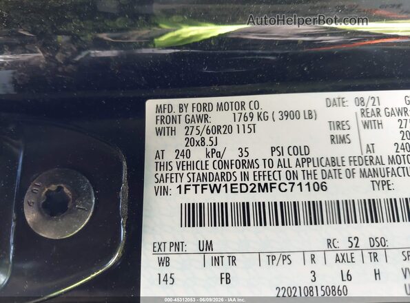 1FTFW1ED2MFC71106 2021 FORD F150 Black Вид підкапотного простору