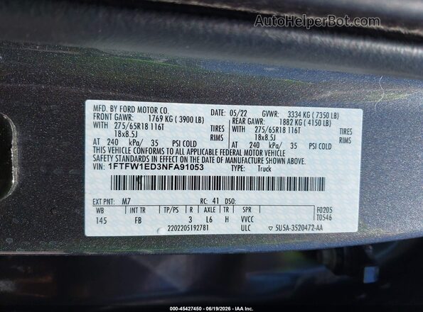 1FTFW1ED3NFA91053 2022 FORD F150 Gray Շարժիչի բաժամունքի տեսք