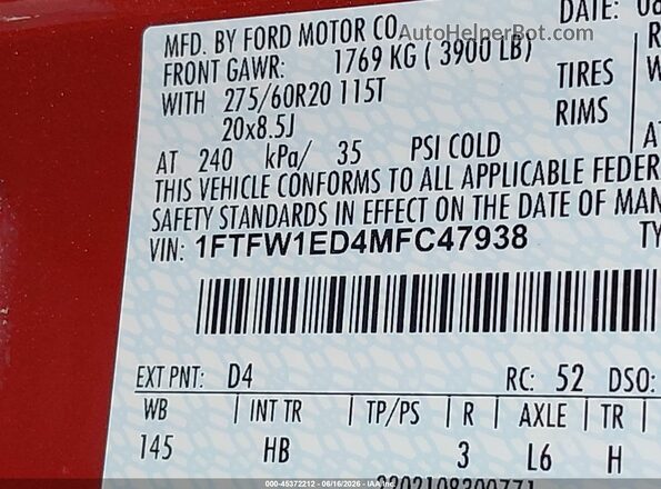 1FTFW1ED4MFC47938 2021 FORD F150 Red Вид підкапотного простору