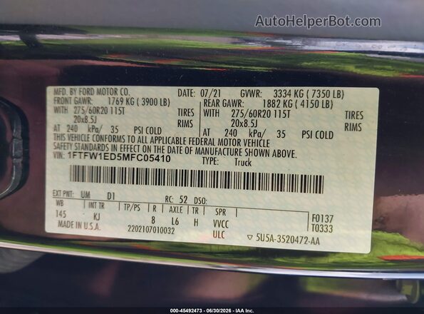 1FTFW1ED5MFC05410 2021 FORD F150 Black Вид підкапотного простору