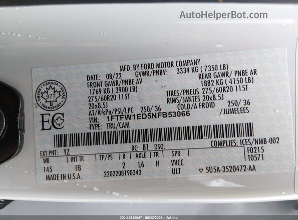 1FTFW1ED5NFB53066 2022 FORD F150 White Շարժիչի բաժամունքի տեսք