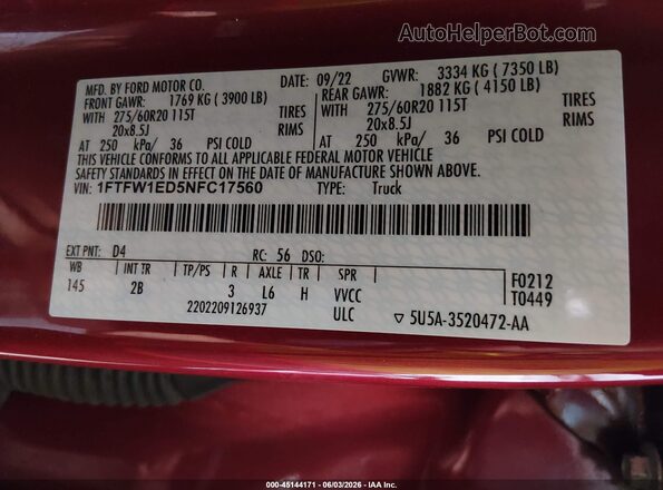 1FTFW1ED5NFC17560 2022 FORD F150 Red ძრავის განყოფილების ხედი