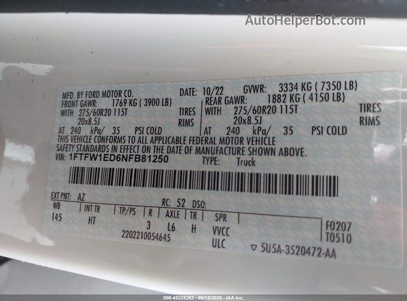 1FTFW1ED6NFB81250 2022 FORD F150 White Շարժիչի բաժամունքի տեսք