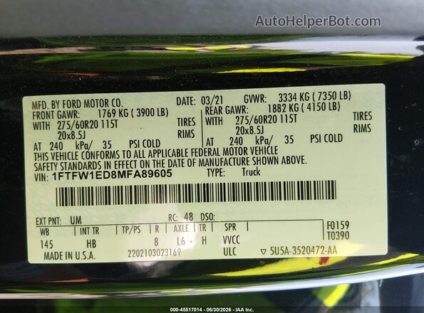 1FTFW1ED8MFA89605 2021 FORD F150 Черный Вид подкапотного пространства