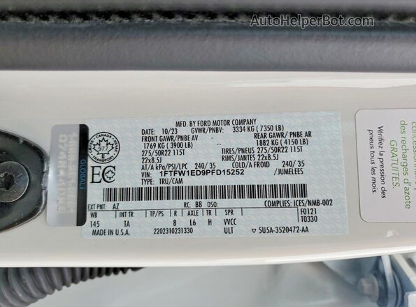1FTFW1ED9PFD15252 2023 FORD F150 White Vista de la etiqueta del VIN
