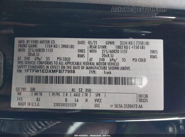 1FTFW1EDXMFB77958 2021 FORD F150 Black Engine compartment view