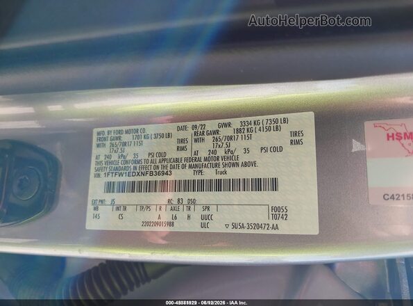 1FTFW1EDXNFB36943 2022 FORD F150 Silver Widok komory silnika