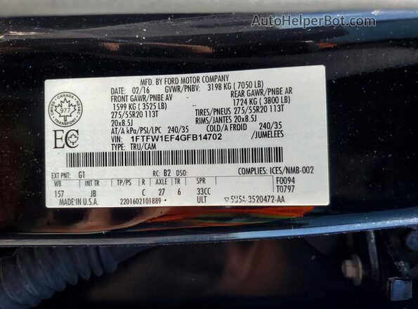 1FTFW1EF4GFB14702 2016 FORD F150 Black Շարժիչի բաժամունքի տեսք