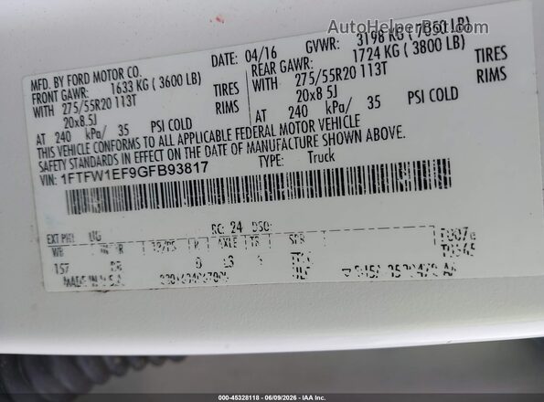 1FTFW1EF9GFB93817 2016 FORD F150 White Widok komory silnika