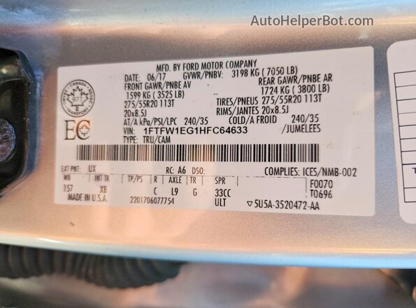 1FTFW1EG1HFC64633 2017 FORD F150 Silver 