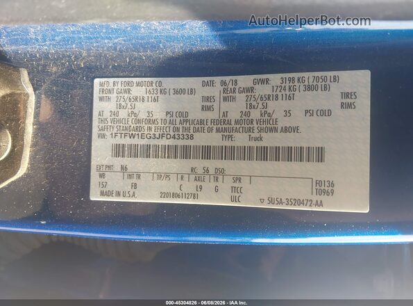 1FTFW1EG3JFD43338 2018 FORD F150 Синий Вид подкапотного пространства