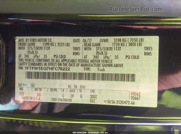 1FTFW1EG7HFC76222 2017 FORD F150 Black 