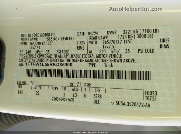 1FTFW1L58RKD85900 2024 FORD F150 White Вид підкапотного простору
