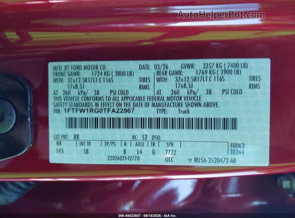 1FTFW1RG0TFA22967 2026 FORD F150 Red Շարժիչի բաժամունքի տեսք